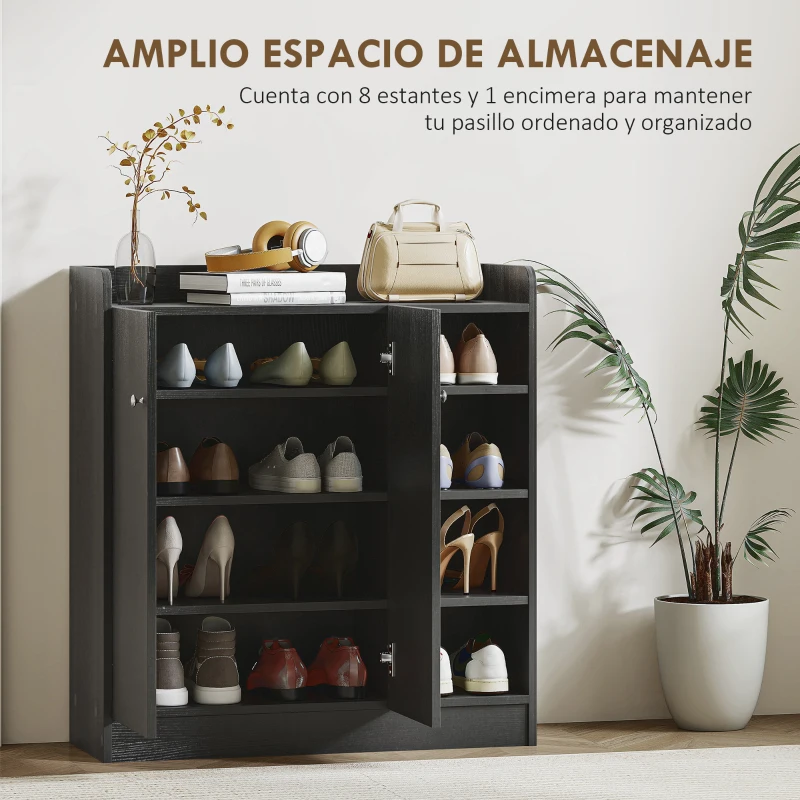 HOMCOM Mueble Zapatero de 2 Puertas Zapatero Estrecho con Estantes Ajustables para 12 Pares de Zapatos 83x30x90 cm Negro