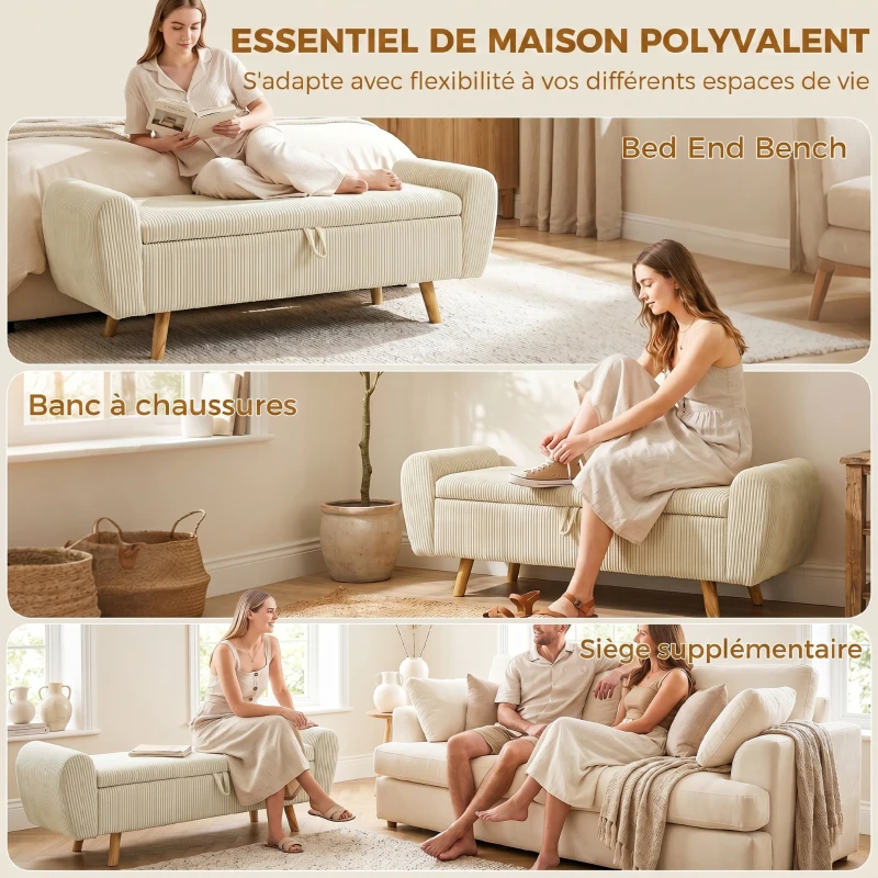 HOMCOM Banc de rangement 73 L, coffre de rangement rembourré en velours côtelé avec accoudoirs et pieds en bois d'hévéa, beige