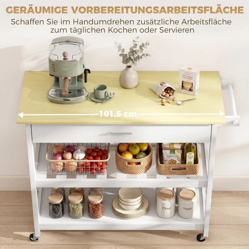 HOMCOM Küchenwagen mit Stauraum, Rollende Kücheninsel mit großer Arbeitsplatte, Schublade, 2 offenen Regalen, Handtuchhalter, Weiß