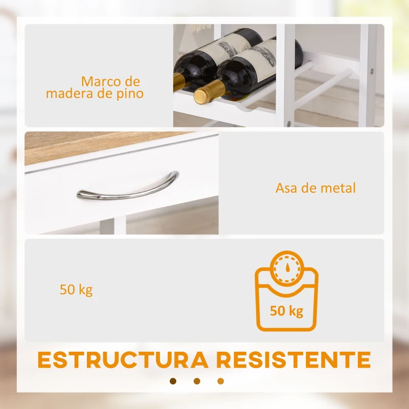 HOMCOM Carrito de Cocina Carro de Servicio Multifuncional de 4 Niveles con Ruedas Cajón Estantes y Botellero 37x37x76 cm Blanco