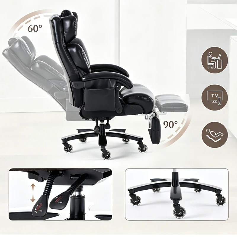 Fauteuil de direction avec fonction massage et chauffage, chaise de bureau ergonomique en simili cuir, repose-pieds extensible, 88 x 70 x 112,5 cm, Noir