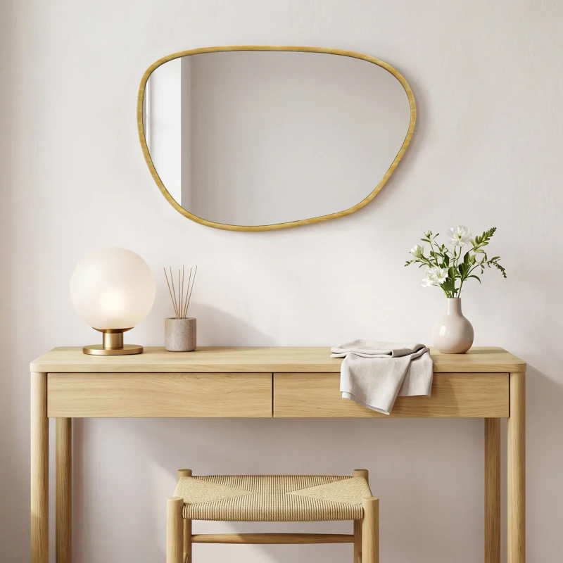 HOMCOM Miroir mural, miroir décoratif asymétrique 90x60cm en verre trempé pour salle de bain, chambre, salon, couloir, naturel