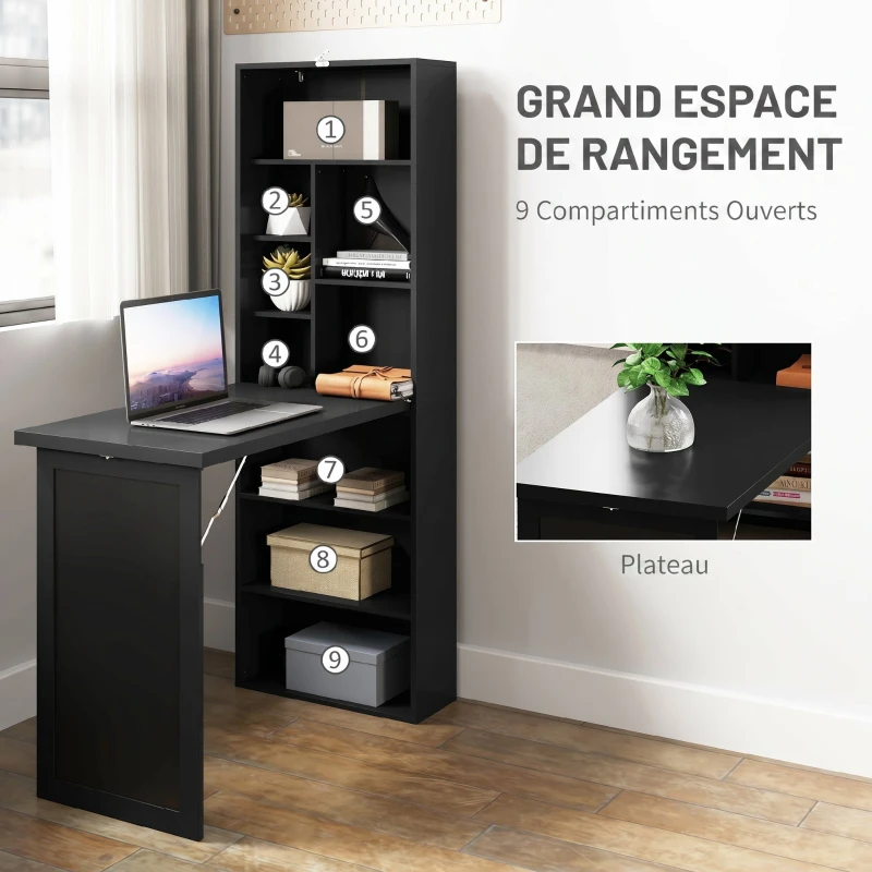 HOMCOM Bureau d'ordinateur pliable avec bibliothèque, poste de travail, tableau noir et étagère réglable, 98x51x153cm, noir