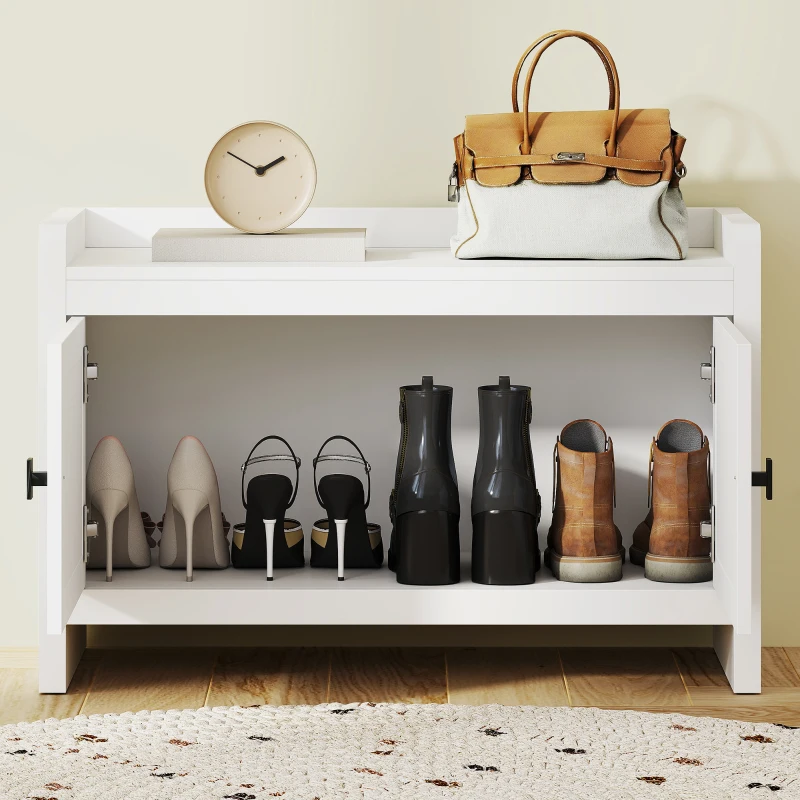 HOMCOM Banco Zapatero con Puertas Frentes de Ratán Balda Extraíble para Entrada o Dormitorio 80x35x52 cm Blanco y Beige