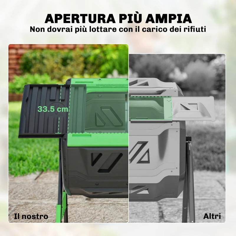 Outsunny Compostiera Domestica 200L a Doppia Camera con 8 Prese D'Aria, in PP e Metallo, 94x67x98 cm, Verde e Nero