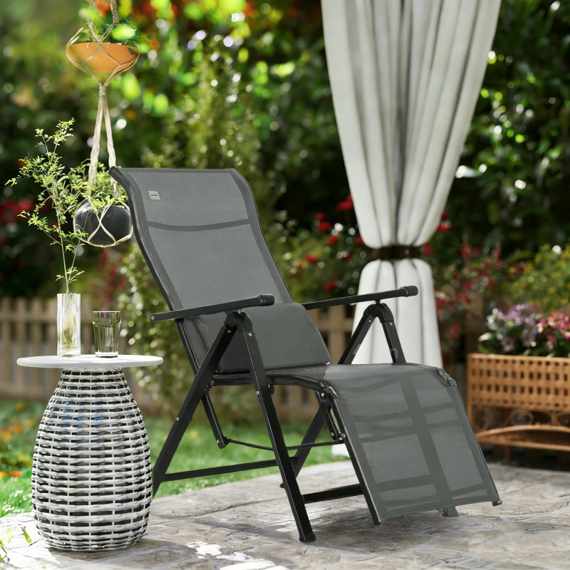 Outsunny Silla Reclinable Plegable de Jardín con Respaldo Ajustable en 9 Posiciones y Cojín Lumbar 70x65x111 cm Gris