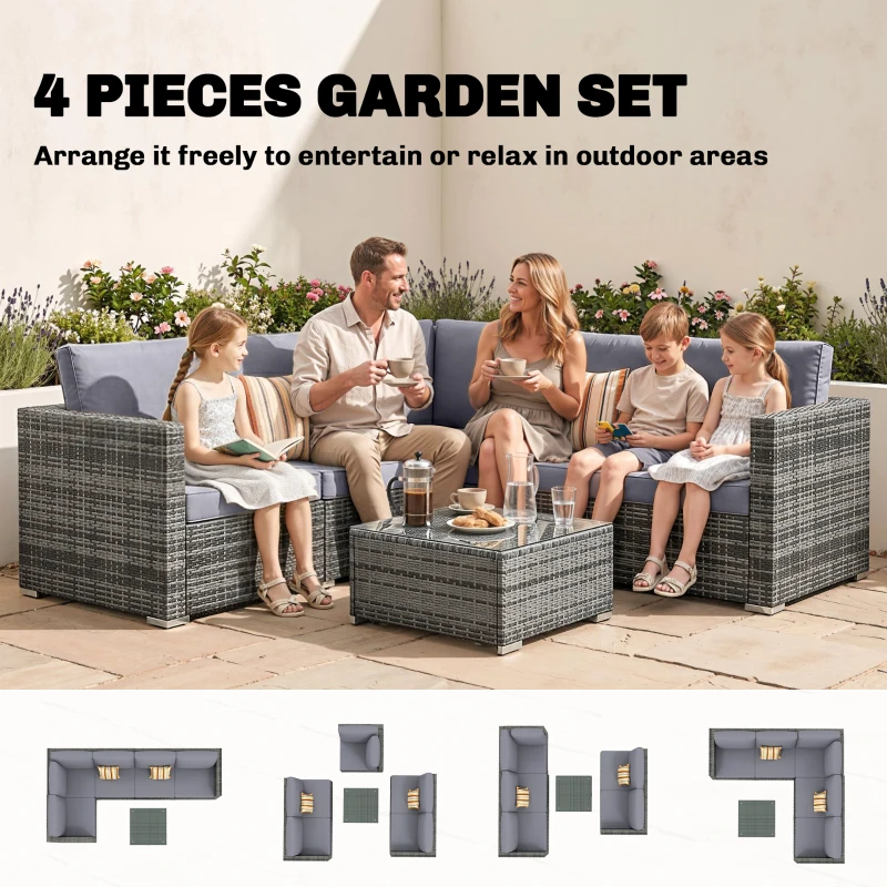 Outsunny 4 Pieces Rattan Garden Furniture Set, Wicker Outdoor Furniture Set with Corner Sofa Loveseat Coffee Table Cushions, Conservatory Furniture Set for Patio Balcony Poolside, Grey