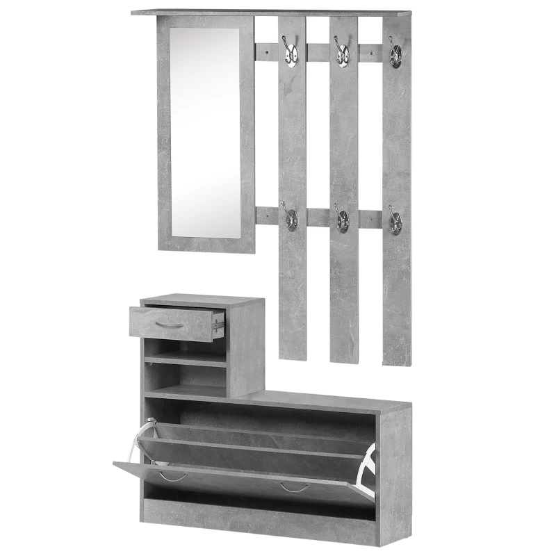 HOMCOM Recibidor de Entrada con Espejo Perchero y Zapatero Mueble de Recibidor de 2 Piezas con 6 Ganchos Estantes y Cajón Abatible para Pasillo Gris