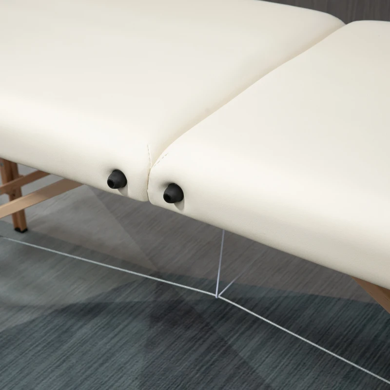 HOMCOM Portable Massage Bed, Foldable Spa Beauty Massage Table with 2 Sections, Carry Bag and Wooden Frame, Cream White