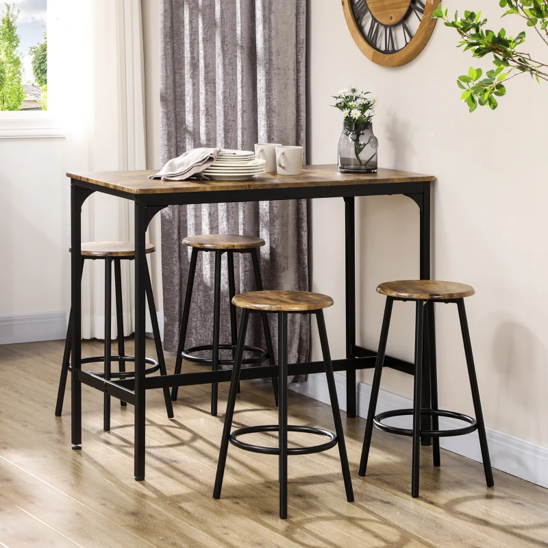 HOMCOM Set de Mesa Bar y 4 Taburetes Muebles Altos con Mesa de 110x50x89,5 cm y Taburetes de Ø30x60,5 cm Negro y Madera