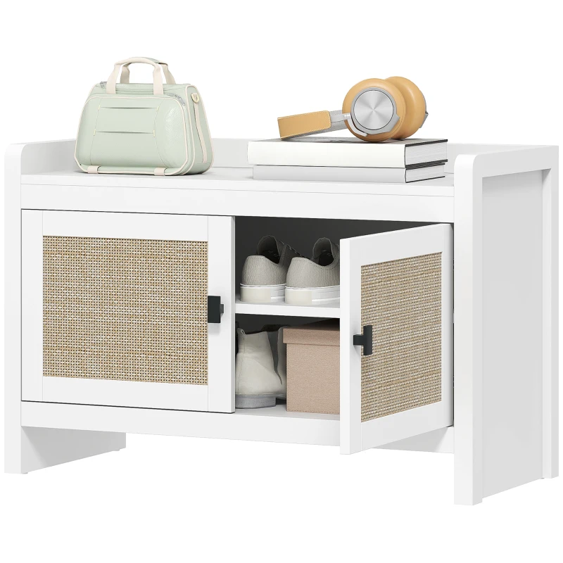 HOMCOM Banco Zapatero con Puertas Frentes de Ratán Balda Extraíble para Entrada o Dormitorio 80x35x52 cm Blanco y Beige