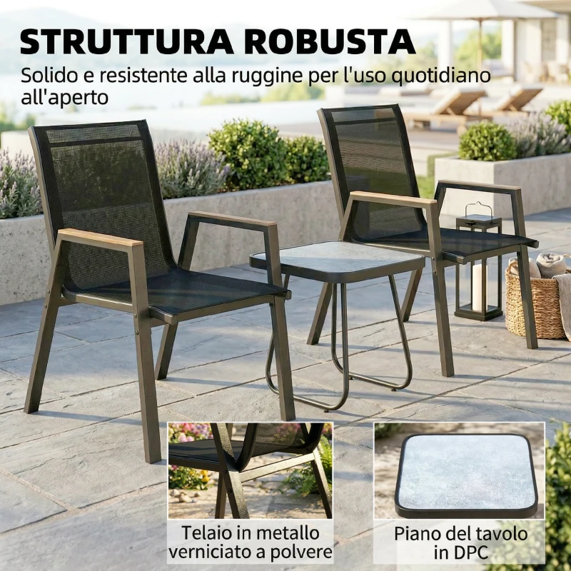 Outsunny Set Bistrò da Esterni 3 Pezzi, Tavolino con Piedini Regolabili