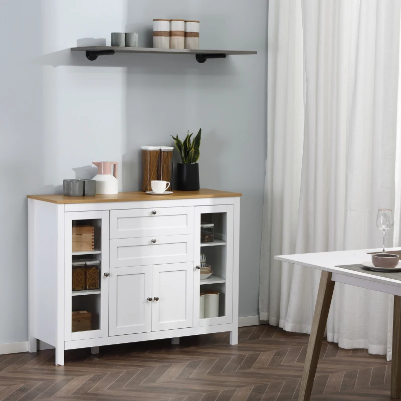 HOMCOM Aparador de Cocina con Armario 2 Cajones 2 Puertas de Vidrio y Estantes Ajustables Muebles Auxiliar de Almacenaje para Comedor Salón 120x40x90 cm Blanco