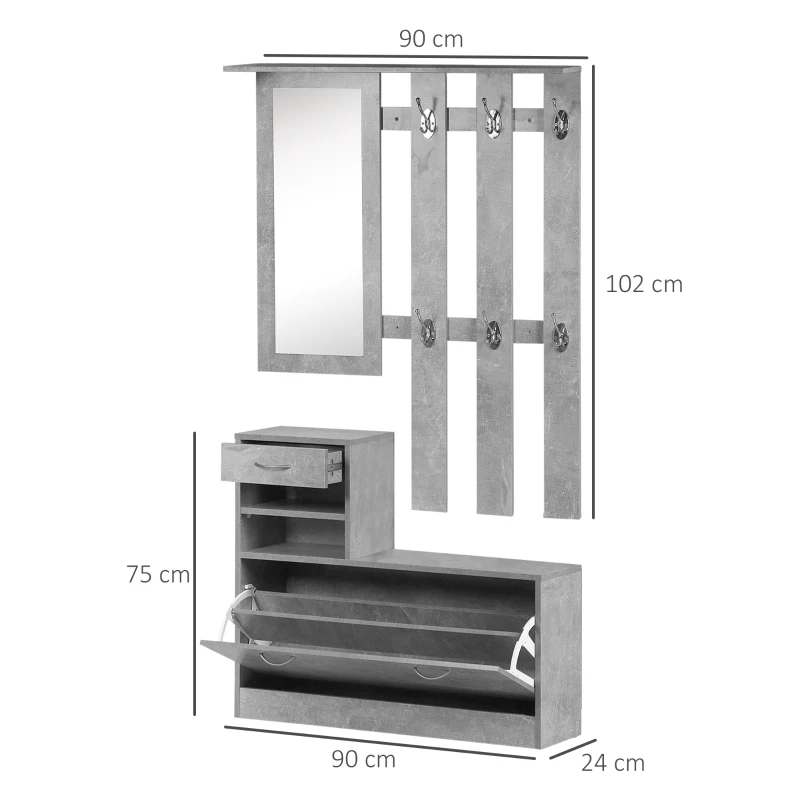 HOMCOM Recibidor de Entrada con Espejo Perchero y Zapatero Mueble de Recibidor de 2 Piezas con 6 Ganchos Estantes y Cajón Abatible para Pasillo Gris