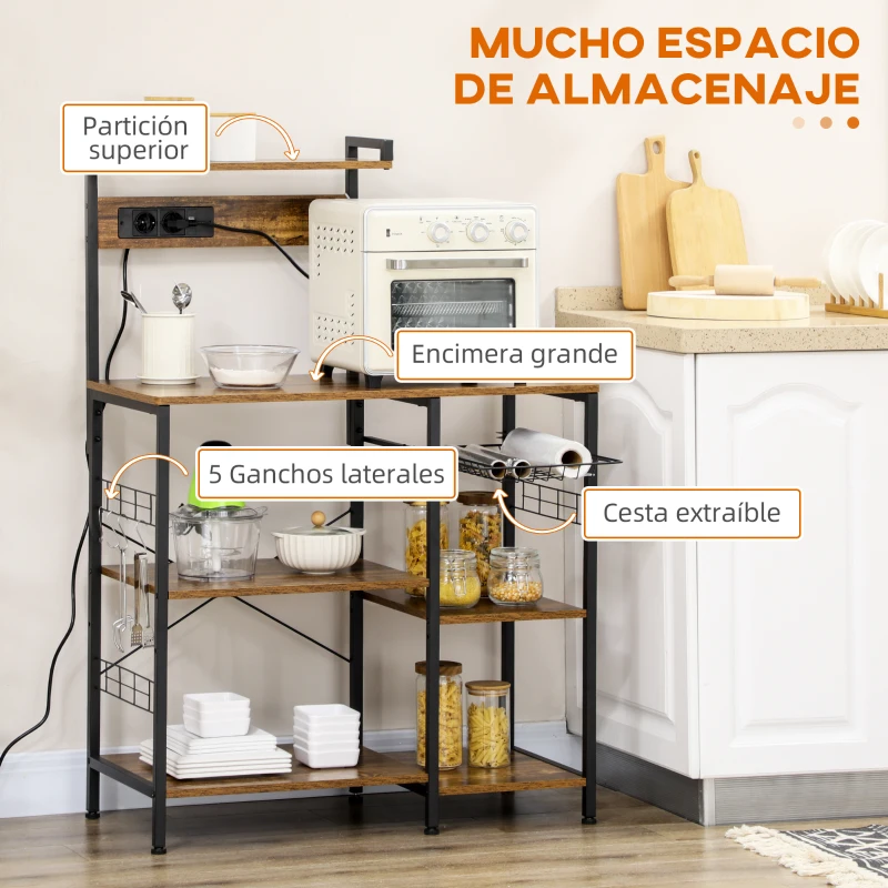 HOMCOM Estantería de Cocina para Microondas con Toma de Corriente Cargador USB 5 Ganchos 90x42x130 cm Marrón Rústico