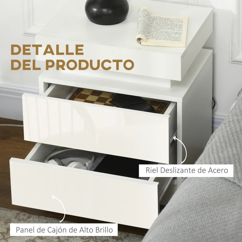 HOMCOM Mesita de Noche Blanca con Luz LED Mesita Decorativa con 2 Cajones y Mando a Distancia 45x35x52 cm Blanco