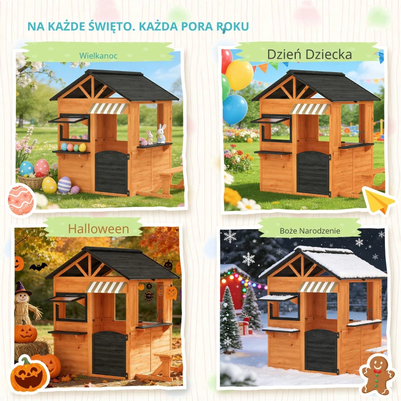 AIYAPLAY Drewniany domek dla dzieci z kuchnią, ławką, okienkami i drzwiami dla dzieci w wieku 3-8 lat, 171,5 x 146 x 156 cm, brązowy