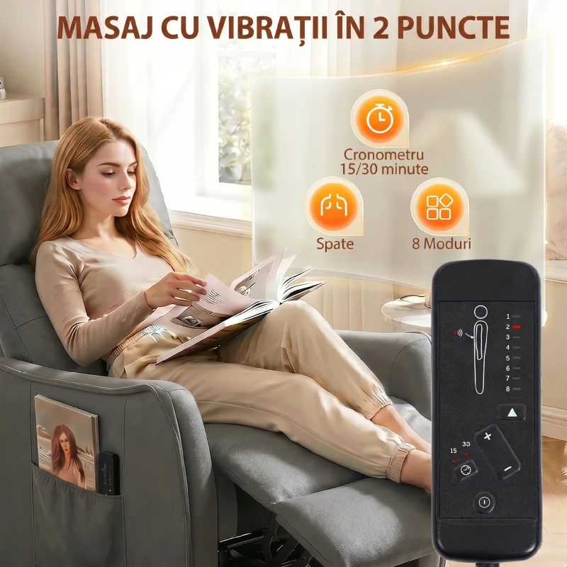 HOMCOM Fotoliu cu Masaj Reclinabil Manual, Țesătură Tip In, cu Telecomandă, Gri Închis