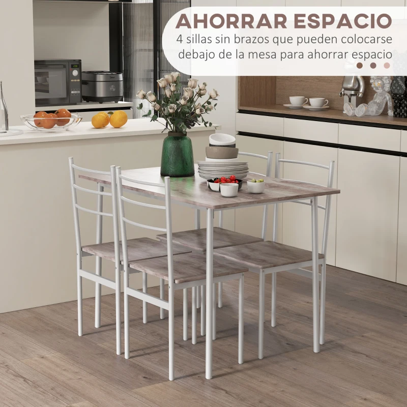 HOMCOM Conjunto de Comedor 5 Piezas Juego de 1 Mesa y 4 Sillas con Pies Acero para Cocina 110x70x75 cm Madera Natural y Blanco