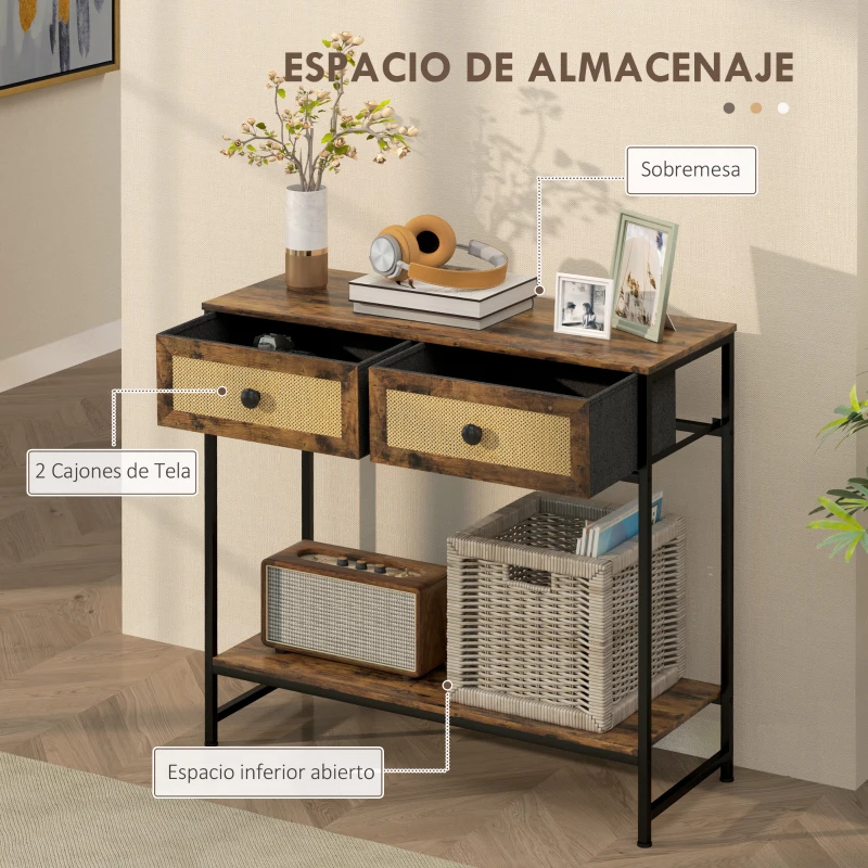 HOMCOM Mesa Consola con Estante Abierto y 2 Cajones Frontales de Ratán Consola para Recibidor 80x30x75 cm Marrón Rústico