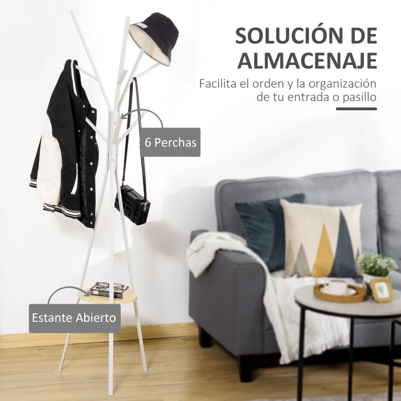HOMCOM Perchero de Pie Forma de Árbol Perchero para Ropa de Metal con 9 Ganchos y Estante Perchero Vintage 45x45x180 cm Blanco