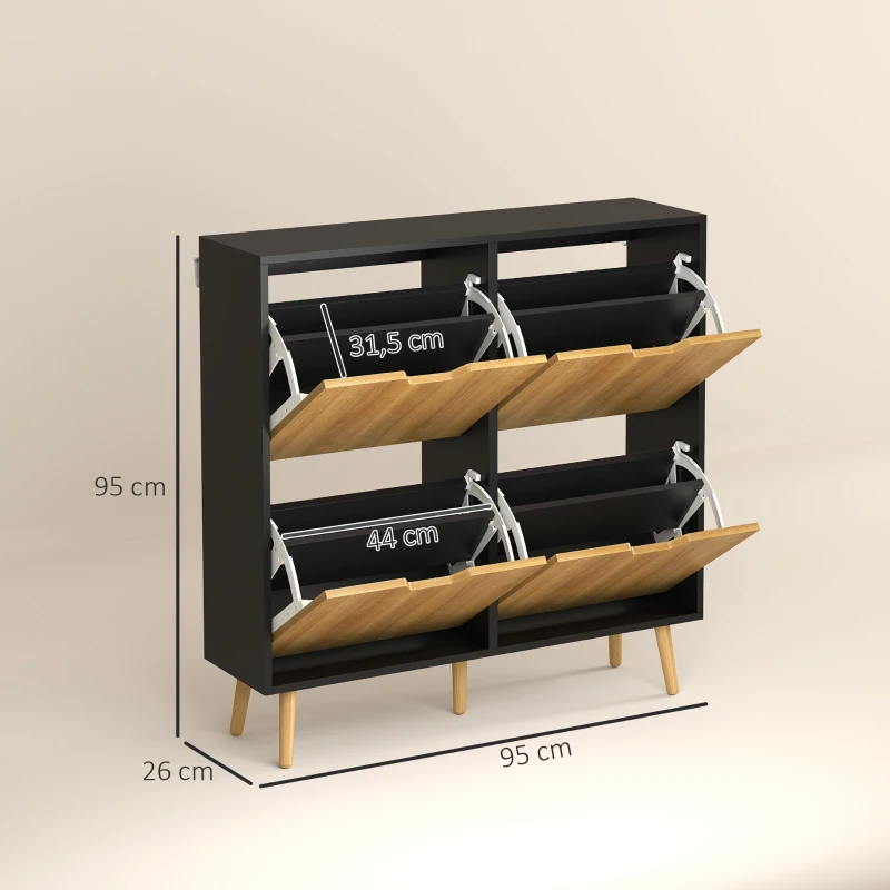 HOMCOM Zapatero Estrecho con 4 Cajones Abatibles y Estantes Ajustables para 16 Pares 95x26x95 cm Natural y Negro