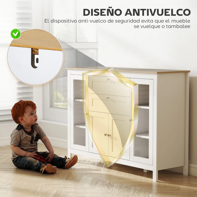 HOMCOM Aparador de Cocina con Armario 2 Cajones 2 Puertas de Vidrio y Estantes Ajustables Muebles Auxiliar de Almacenaje para Comedor Salón 120x40x90 cm Blanco