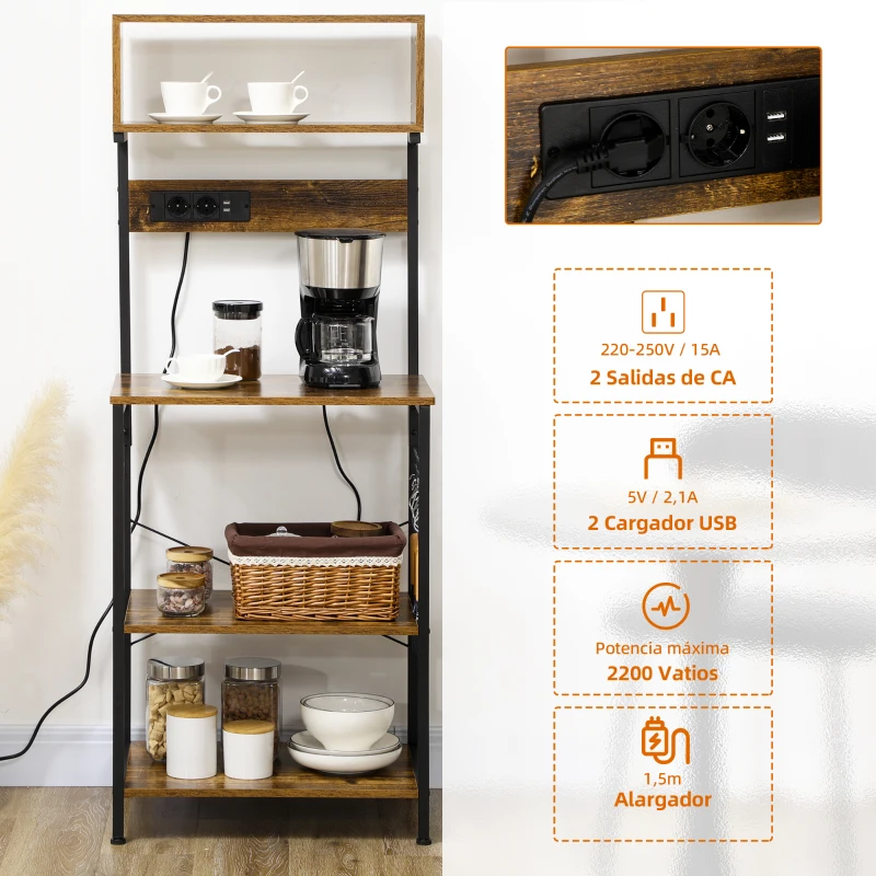 HOMCOM Estantería de Cocina Mueble para Microondas con Toma de Corriente 2 Cargadores USB 5 Ganchos 60x42x153 cm Marrón