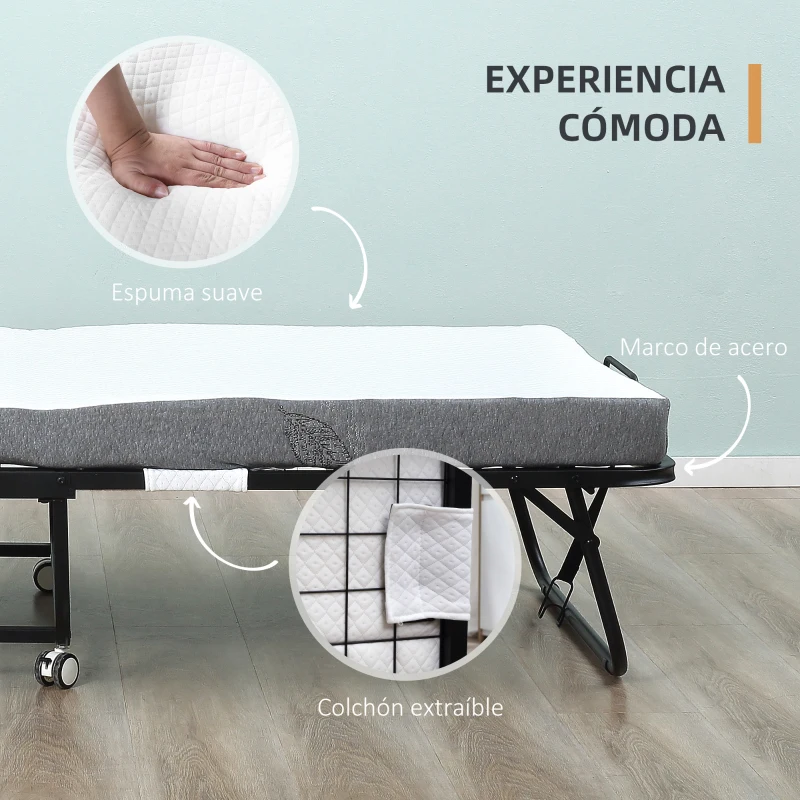 HOMCOM Cama Plegable 200x80 cm con 4 Ruedas, Cama de Camping Portátil, con Colchón Individual de 10 cm, Marco de Acero, Carga 150 kg, para Dormitorio, Salón, Oficina, Blanco