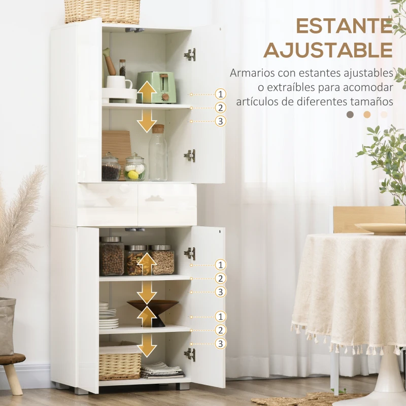 HOMCOM Aparador Alacena de Cocina Mueble Auxiliar con 4 Puertas 2 Cajones y Estantes Ajustables 60x35x170 cm Blanco