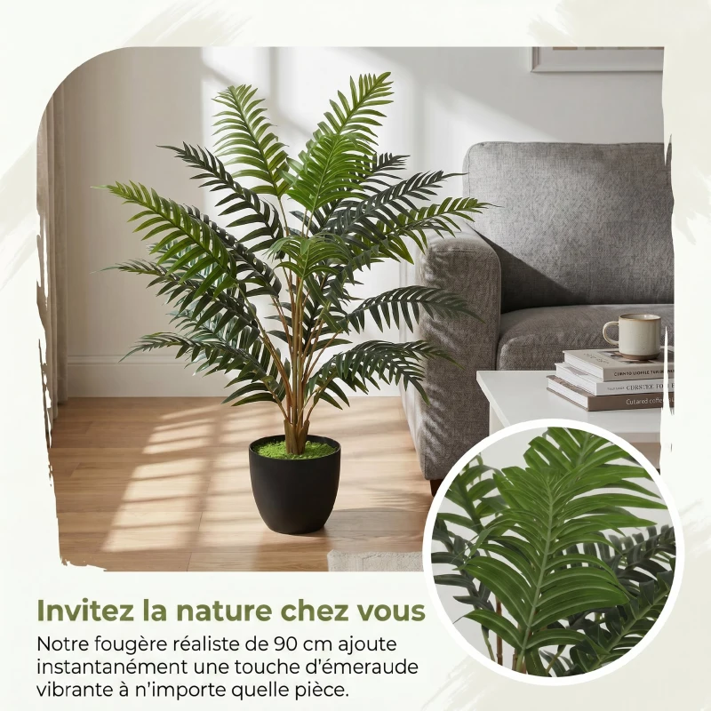 HOMCOM Plante artificielle intérieure 90 cm fougère arbre artificiel en pot avec branches flexibles, intérieure et extérieure