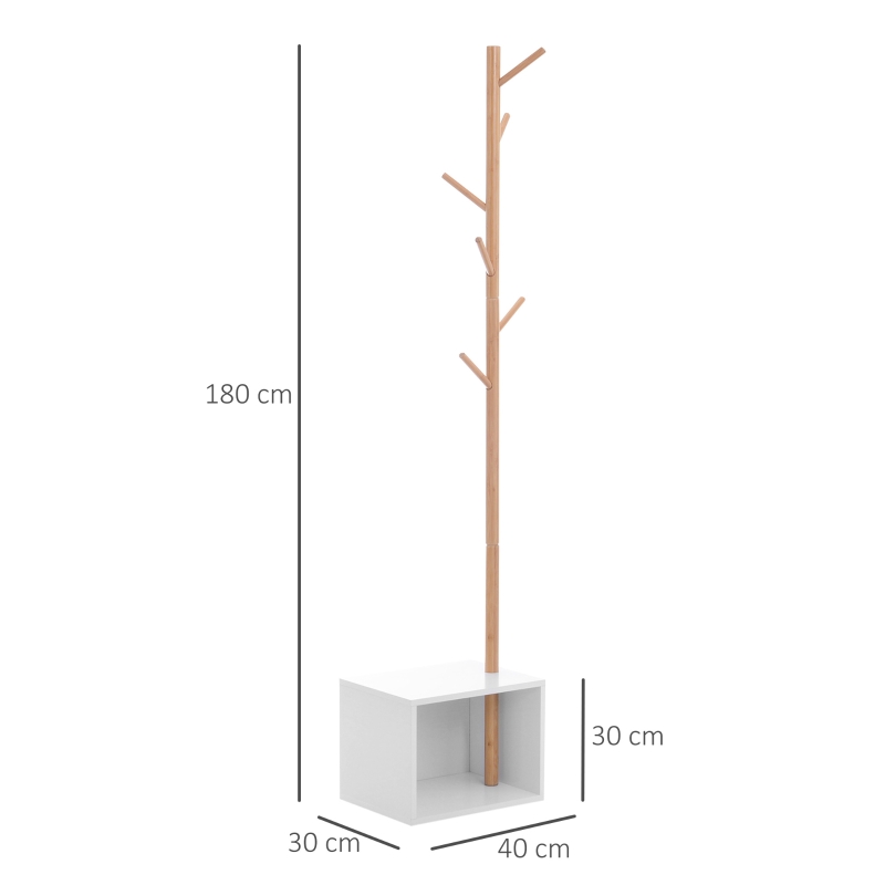 HOMCOM Perchero de Pie con Zapatero Colgador Tipo Árbol Moderno 6 Ganchos para Colgar Ropa Bolsa Banco con Almacenamiento Pasillo Entrada Bambú y MDF 40x30x180cm