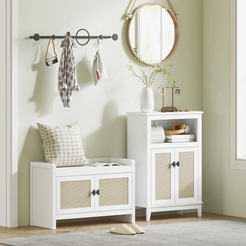 HOMCOM Banco Zapatero con Puertas Frentes de Ratán Balda Extraíble para Entrada o Dormitorio 80x35x52 cm Blanco y Beige