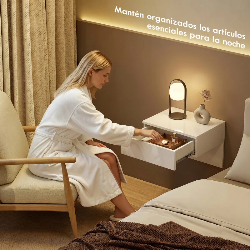 HOMCOM Juego de 2 Mesitas de Noche Flotantes con Cajón Montado en la Pared para Dormitorio 40x35x36,2 cm Blanco Brillo