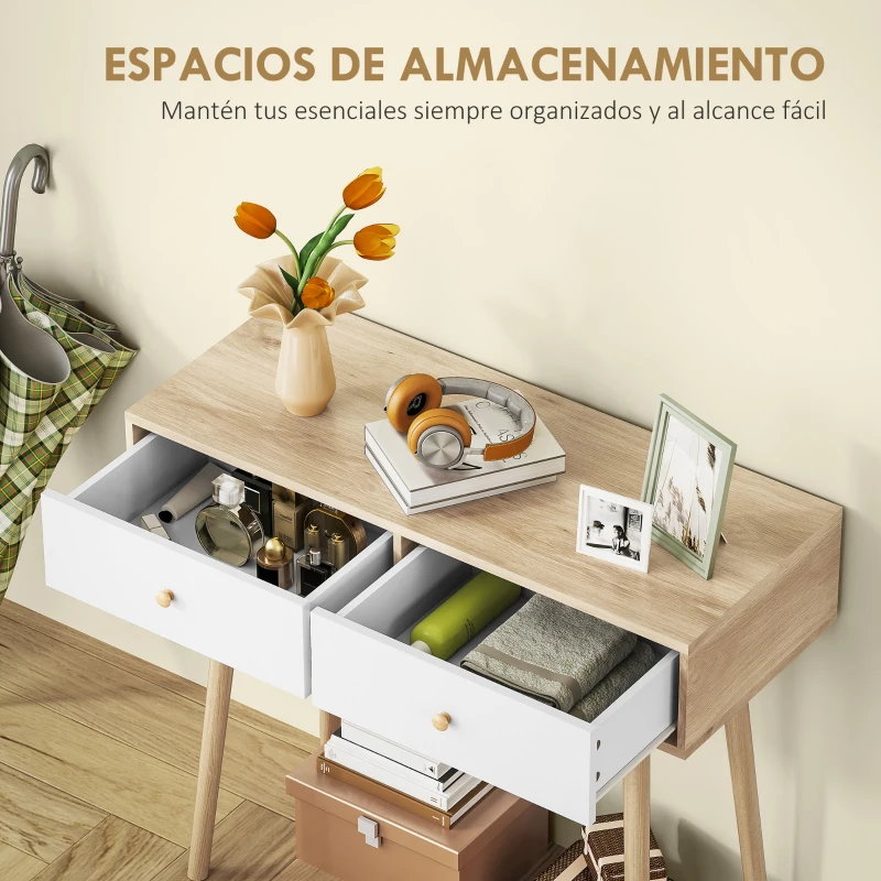 HOMCOM Mesa Consola con 2 Cajones Diseño Moderno en Roble y Blanco para Entrada Salón o Pasillo 86x35x75 cm
