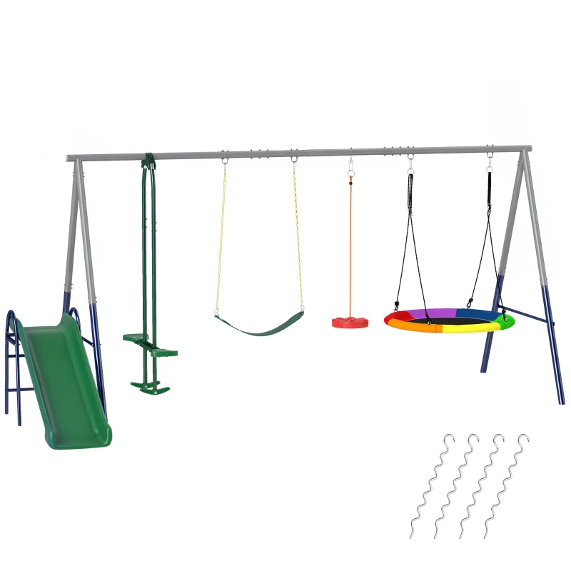 AIYAPLAY Balançoire Portique Enfants 5 en 1 avec Toboggan, 3 Balançoire, Face à Face, Hauteur Réglable, 3-8 ans, Multicolore