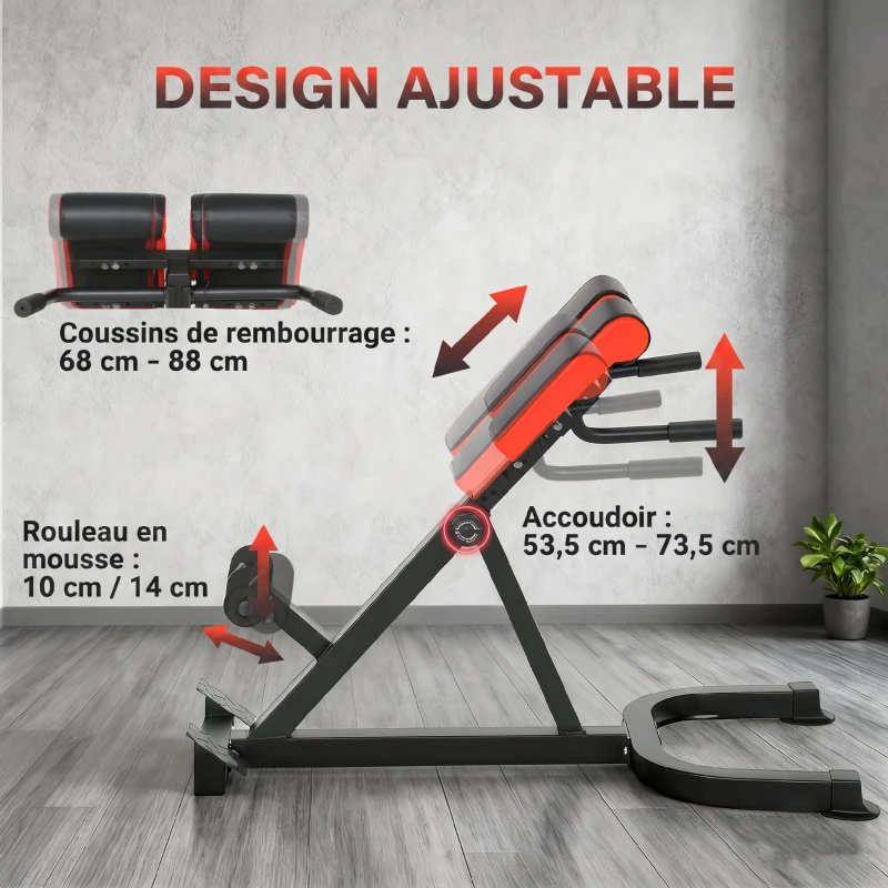 SPORTNOW Banc de Musculation Réglable 5 Niveaux, Chaise Romaine avec Rouleaux en Mousse Dense, 112 x 62 x 88 cm, Noir et Rouge