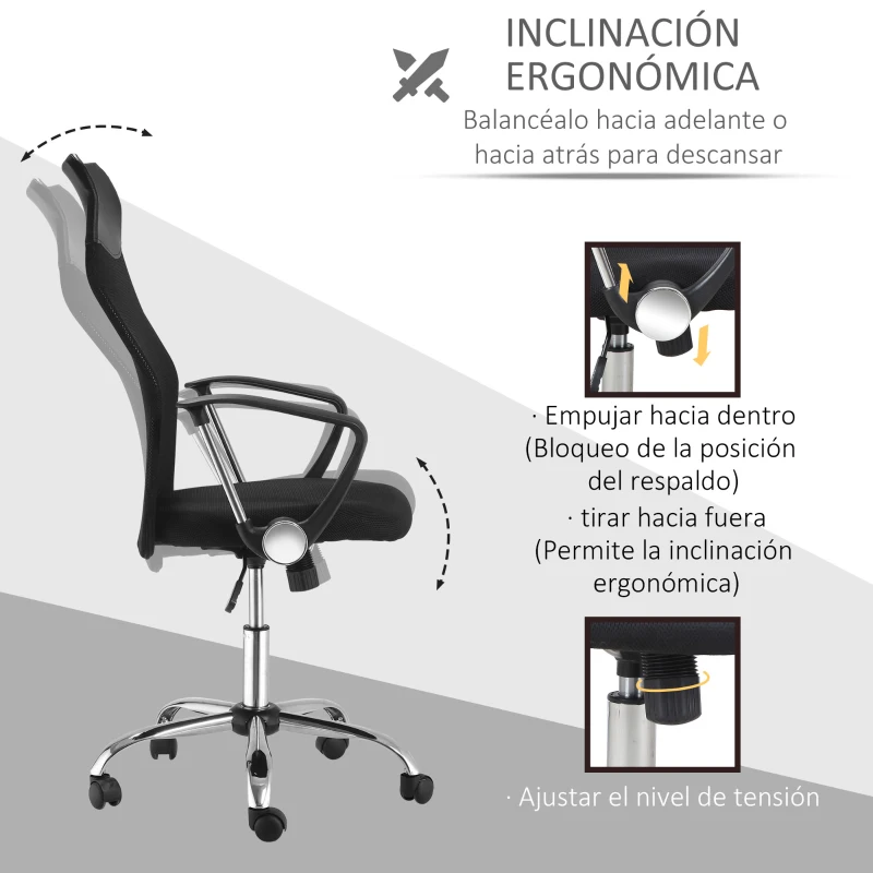 HOMCOM Silla de Oficina Giratoria Ergonómica Sillón de Escritorio de Malla con Ruedas de PVC Respaldo Alto Carga 120kg Negro