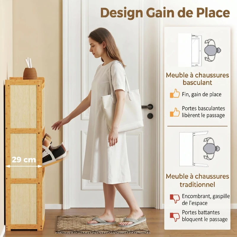 HOMCOM Meuble à chaussures 14 paires, armoire à chaussures 3 tiroirs rabattables, étagères réglables 69x29x119,8cm bois naturel
