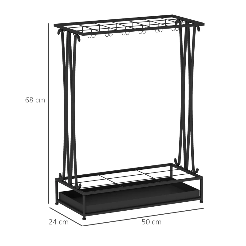 HOMCOM Paragüero Moderno de Acero con 21 Espacios y 24 Ganchos Bandeja Recogegotas Extraíble para Entrada 50x24x68 cm Negro