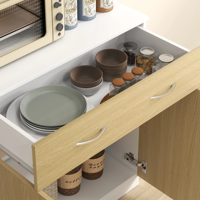 HOMCOM Mueble Auxiliar de Cocina con Puertas Cajón y Estantes Ajustables Antivuelco 80x40x180 cm Natural y Blanco