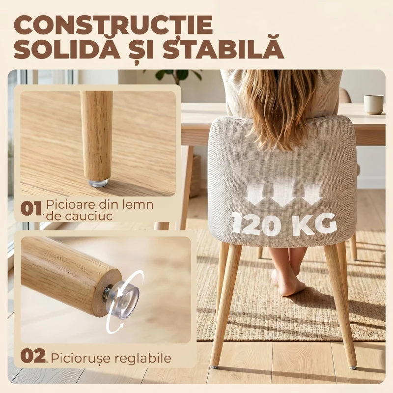 HOMCOM Set de 2 Scaune de Masă Moderne, Scaune de Bucătărie cu Tapițerie din In, Șezut Imbătut, Spătar Curbat, Picioare din Lemn de Cauciuc, Ușor de Asamblat, Alb Crem