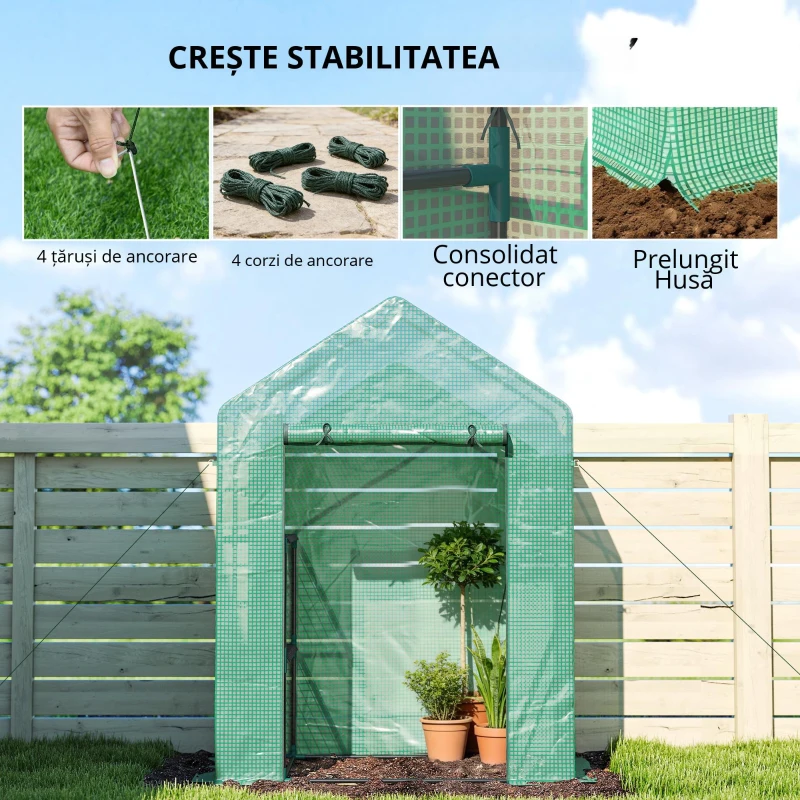 Outsunny Seră de Grădină, Ușă Rulantă, Rafturi 2 Etaje, Structură Oțel, Acoperire PE, 143x73x195 cm, Verde