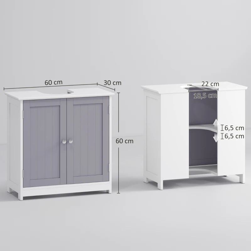 kleankin Waschbeckenunterschrank Badezimmerschrank Waschtischunterschrank mit 2 Türen Regal verstellbar MDF Weiß+Grau 60 x 30 x 60 cm