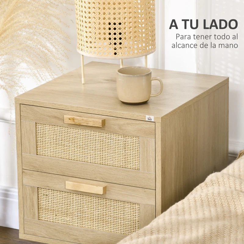 HOMCOM Mesita de Noche Estilo Cannage Mesilla de Noche con 2 Cajones y Patas de Madera para Salón Dormitorio 40x40x56cm Natural
