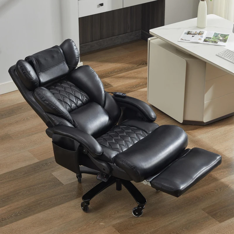 Sillón ejecutivo con función de masaje y calefacción, silla de oficina ergonómica con piel sintética, reposapiés extensible, 88 x 70 x 112,5 cm, Negro