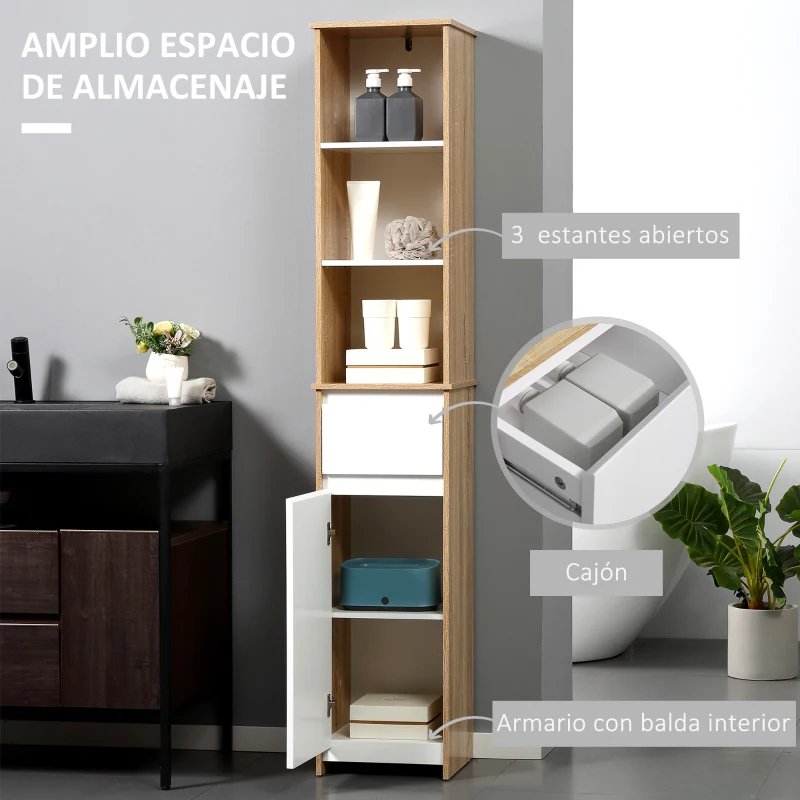 kleankin Armario Alto de Baño Mueble Columna de Baño con 1 Puerta Cajón y 3 Estantes Balda Ajustable para Cocina Salón 32,6x30x171,2 cm Madera Natural y Blanco