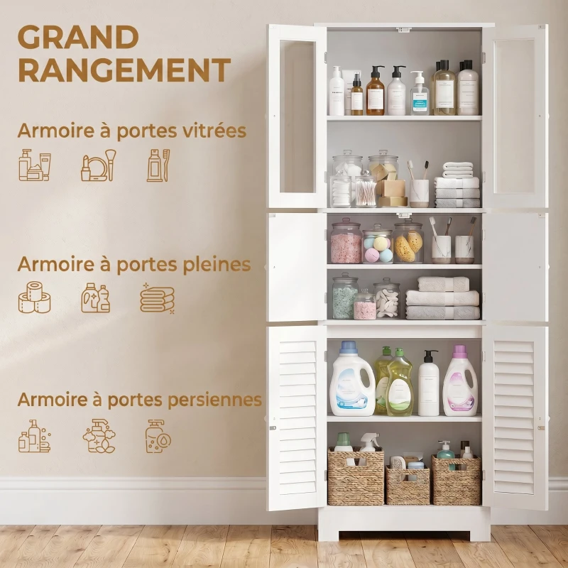 HOMCOM Meuble de salle de bain haut, meuble de rangement avec 6 portes dont 2 vitrées et 2 persiennes, étagère réglable, blanc