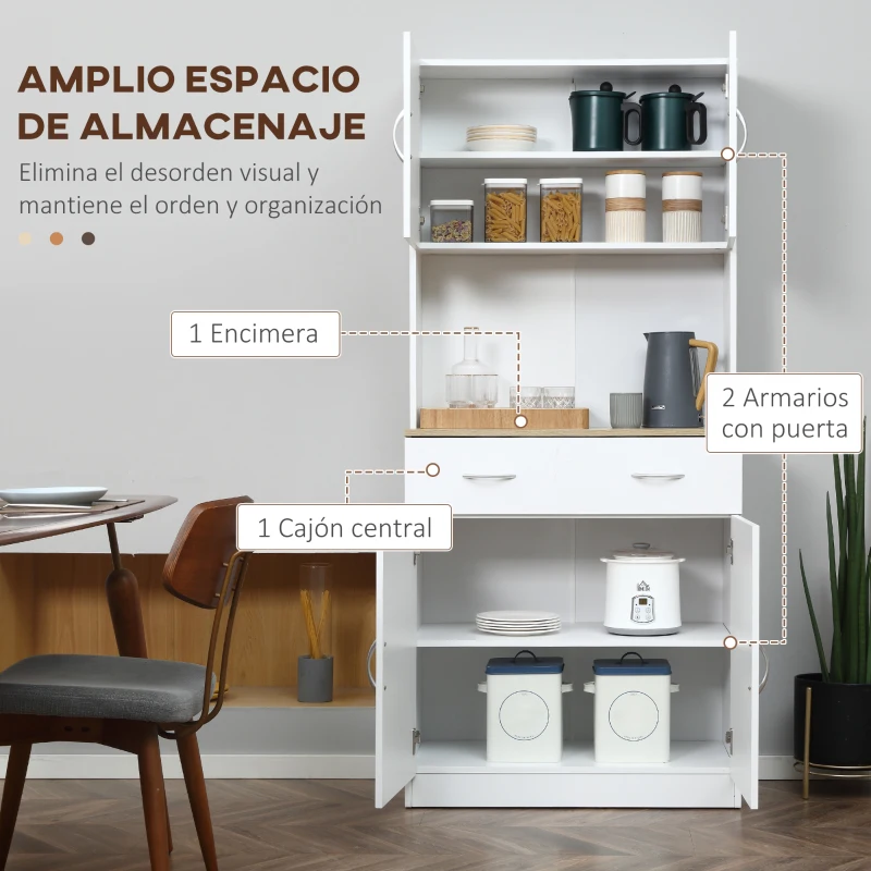 HOMCOM Armario Alacena de Cocina con Cajón 4 Puertas y Estantes Interiores Ajustables Mueble de Almacenaje 80x40x180 cm Blanco