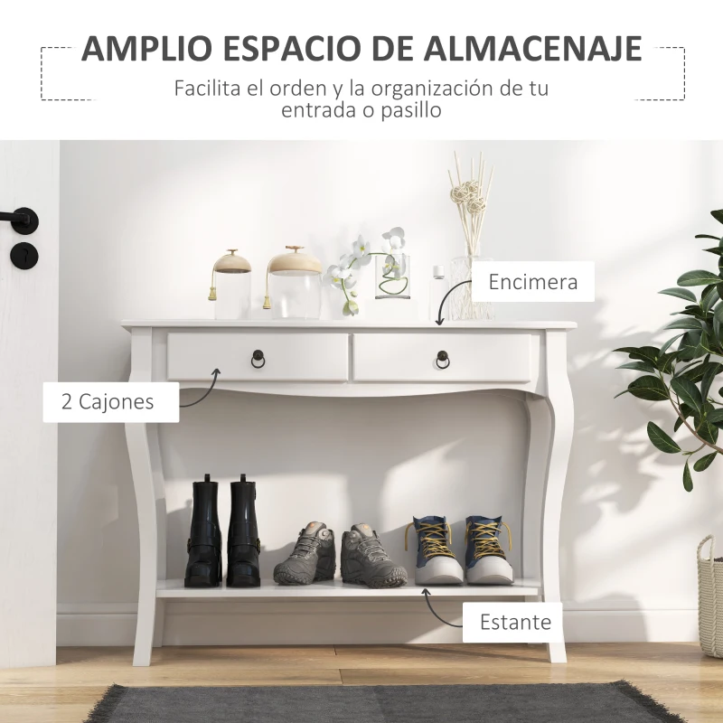 HOMCOM Mesa Consola Aparador Salón Comedor Mueble Recibidor Mesa Auxiliar con Cajones y Estante Diseño Elegante 100x33x75cm Madera Color Blanco Brillo